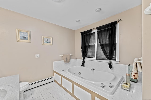 full bath with a baseboard radiator, a tub with jets, tile patterned floors, toilet, and baseboards