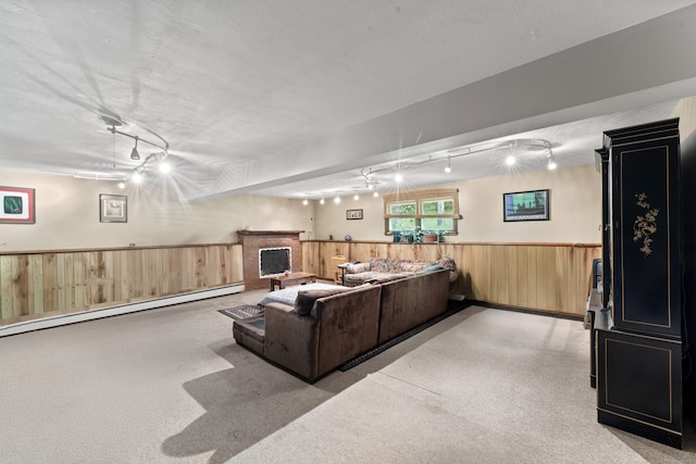 living room featuring rail lighting, a baseboard radiator, a wainscoted wall, wood walls, and a fireplace