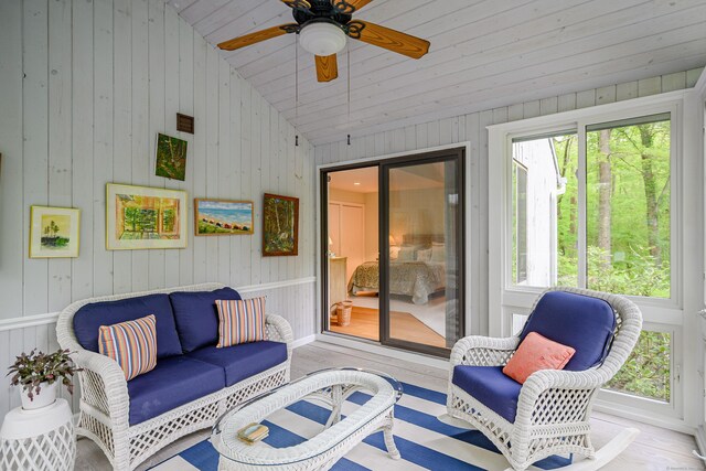 22 Kristy Dr, Bethel, CT 06801 - sunroom with lofted ceiling, a ceiling fan, and an outdoor hangout area