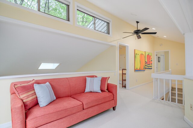 22 Kristy Dr, Bethel, CT 06801 - living area with lofted ceiling, a skylight, a ceiling fan, carpet flooring, and recessed lighting