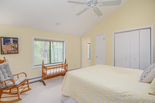 22 Kristy Dr, Bethel, CT 06801 - bedroom featuring light colored carpet, a closet, baseboard heating, a ceiling fan, and high vaulted ceiling