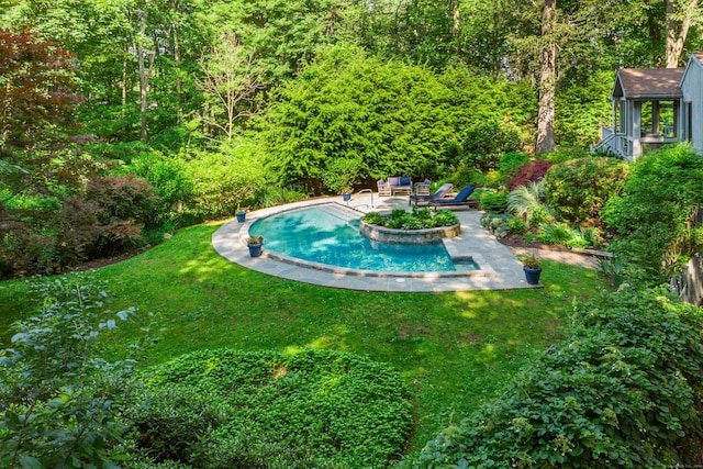 22 Kristy Dr, Bethel, CT 06801 - swimming pool with a patio area, a lawn, and a wooded view