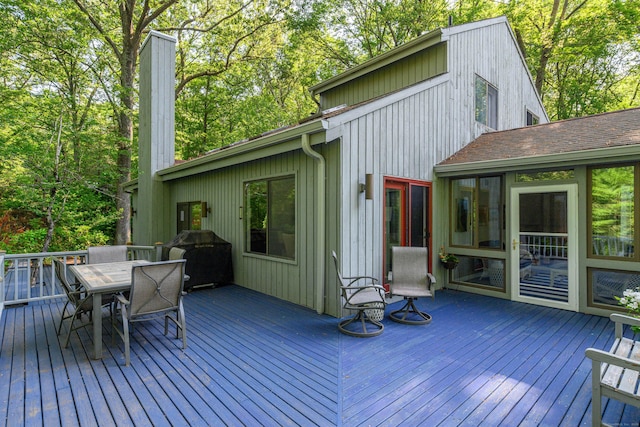 22 Kristy Dr, Bethel, CT 06801 - wooden terrace featuring outdoor dining area, a sunroom, and view of scattered trees