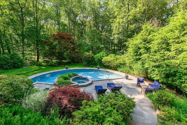 22 Kristy Dr, Bethel, CT 06801 - view of pool featuring a patio area, a forest view, and a pool with connected hot tub