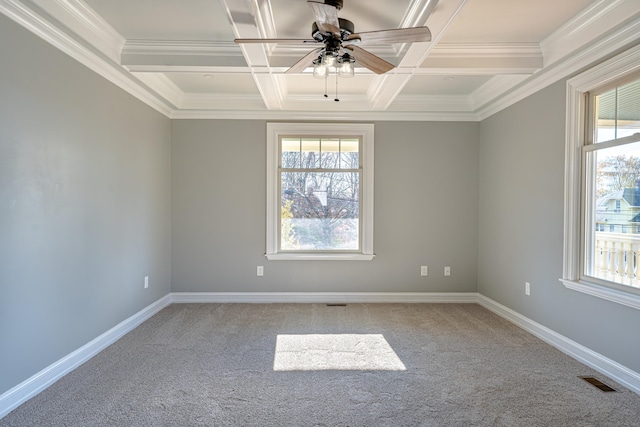 carpeted empty room with coffered ceiling, plenty of natural light, ornamental molding, beam ceiling, and a ceiling fan