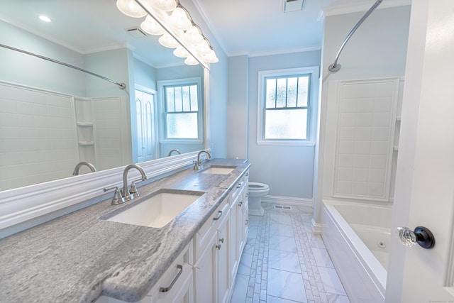 full bath with healthy amount of natural light, crown molding, baseboards, marble look tile flooring, and double vanity