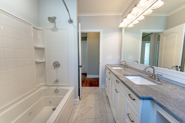 bathroom featuring crown molding, a combined bath / shower with jetted tub, double vanity, and baseboards