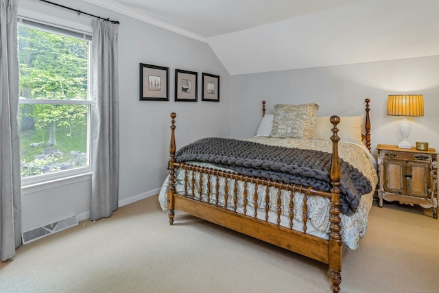 11 Thomas Rd, Westport, CT 06880 - bedroom featuring carpet floors, multiple windows, vaulted ceiling, ornamental molding, and baseboards