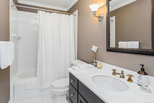 11 Thomas Rd, Westport, CT 06880 - full bath with crown molding, toilet, shower / bath combo, tile patterned flooring, and vanity