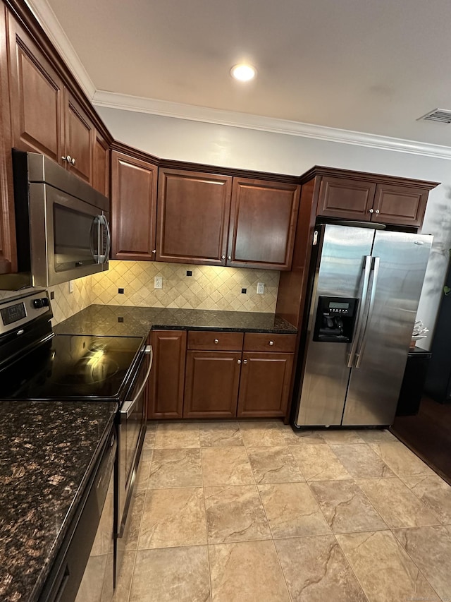 95 S Ridge Ln Unit D201, Berlin, CT 06037 - kitchen featuring stainless steel appliances, ornamental molding, decorative backsplash, dark brown cabinets, and light stone finish floors