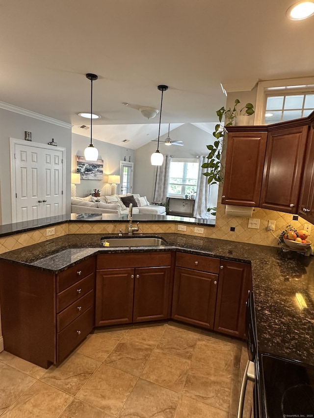 95 S Ridge Ln Unit D201, Berlin, CT 06037 - kitchen featuring a sink, decorative backsplash, open floor plan, and ornamental molding