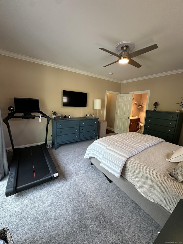 95 S Ridge Ln Unit D201, Berlin, CT 06037 - bedroom with crown molding, carpet, baseboards, a ceiling fan, and ensuite bathroom
