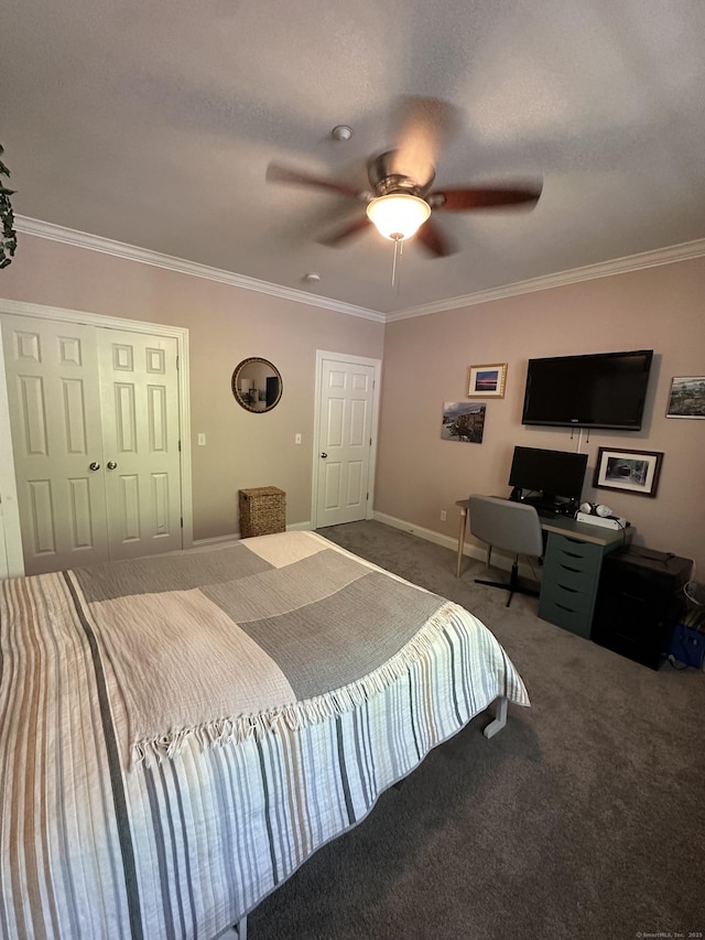 95 S Ridge Ln Unit D201, Berlin, CT 06037 - bedroom with carpet flooring, crown molding, a ceiling fan, a closet, and a desk