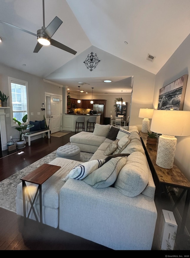 95 S Ridge Ln Unit D201, Berlin, CT 06037 - living room with dark wood-style flooring, vaulted ceiling, and ceiling fan