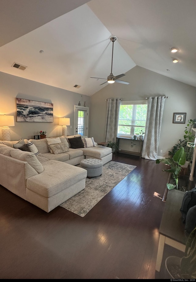 95 S Ridge Ln Unit D201, Berlin, CT 06037 - living room with lofted ceiling, dark wood-style flooring, and a ceiling fan