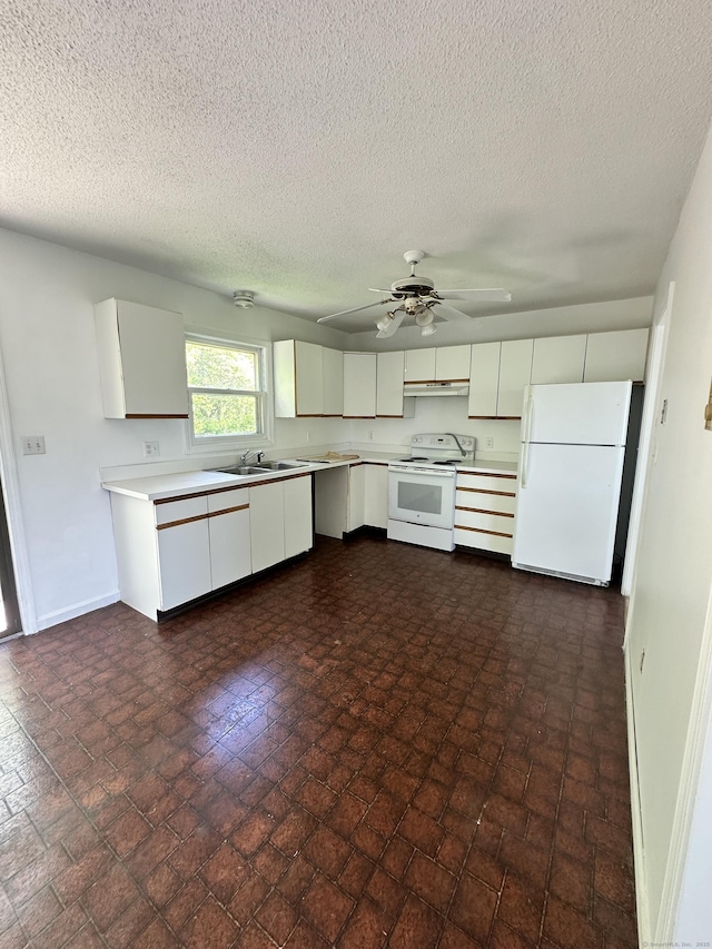 48 Canterbury Dr, Durham, CT 06422 - kitchen with white appliances, baseboards, under cabinet range hood, a sink, and light countertops