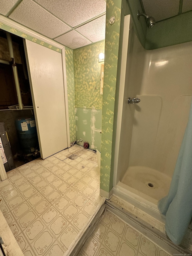 48 Canterbury Dr, Durham, CT 06422 - bathroom with wallpapered walls, tile patterned floors, a stall shower, and a paneled ceiling