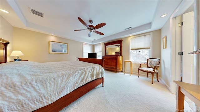 196 Jefferson St, Stratford, CT 06615 - bedroom featuring light carpet, recessed lighting, a tray ceiling, baseboards, and a ceiling fan
