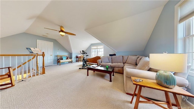 196 Jefferson St, Stratford, CT 06615 - living room featuring vaulted ceiling, a ceiling fan, and carpet flooring