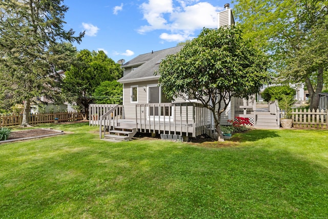 18 Charles St, Groton, CT 06355 - rear view of property featuring a wooden deck, a chimney, and roof with shingles