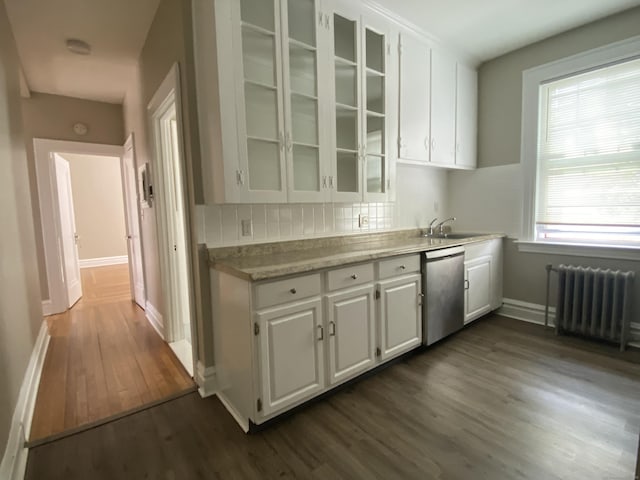 139 Fountain St Apt B9, New Haven, CT 06515 - kitchen featuring radiator heating unit, stainless steel dishwasher, dark wood-style floors, backsplash, and white cabinets