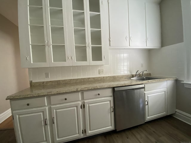139 Fountain St Apt B9, New Haven, CT 06515 - kitchen featuring stainless steel dishwasher, white cabinets, dark wood-type flooring, light countertops, and a sink