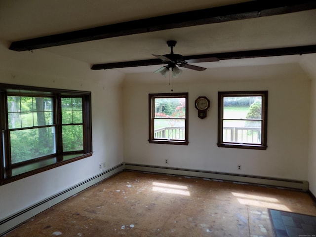 empty room with healthy amount of natural light, baseboard heating, a ceiling fan, and beam ceiling