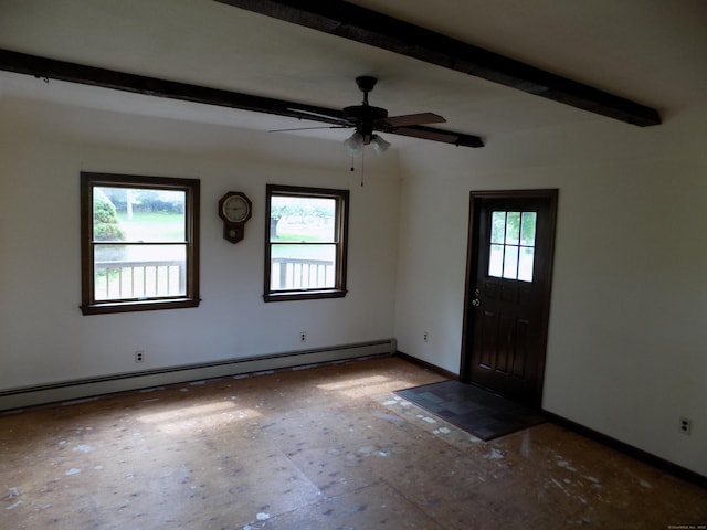 foyer entrance featuring a baseboard heating unit, beamed ceiling, baseboards, and a ceiling fan