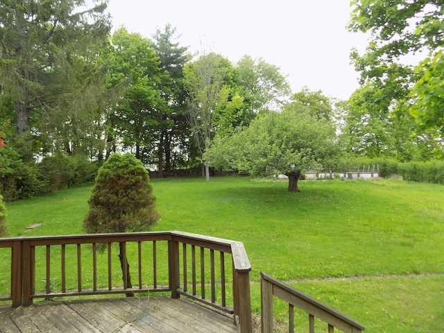 deck featuring a yard and view of scattered trees