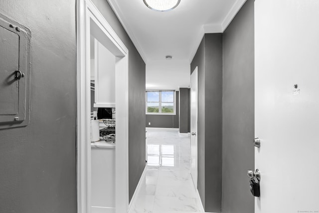 2370 N Ave Unit 12G, Bridgeport, CT 06604 - corridor featuring light marble finish flooring, baseboards, and ornamental molding
