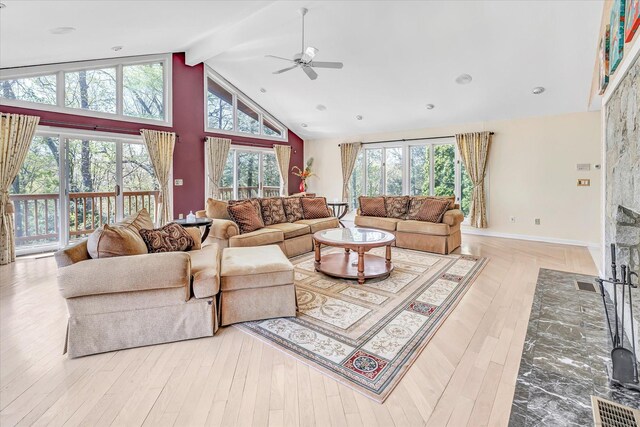81 Georges Ln, Monroe, CT 06468 - living room featuring a ceiling fan, beamed ceiling, high vaulted ceiling, and wood finished floors