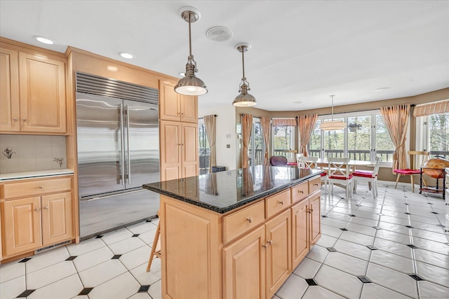 81 Georges Ln, Monroe, CT 06468 - kitchen featuring built in fridge, light brown cabinetry, recessed lighting, a kitchen island, and decorative light fixtures