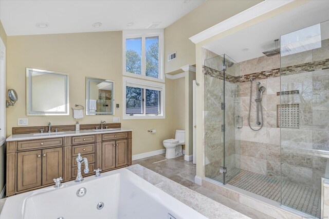 81 Georges Ln, Monroe, CT 06468 - bathroom featuring a shower stall, toilet, baseboards, a whirlpool tub, and double vanity
