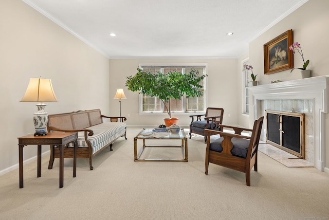 5 Harwich Ln Unit 5, West Hartford, CT 06117 - living room with light colored carpet, crown molding, baseboards, a high end fireplace, and recessed lighting
