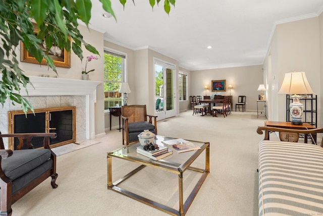 5 Harwich Ln Unit 5, West Hartford, CT 06117 - living room featuring carpet, crown molding, baseboards, recessed lighting, and a tiled fireplace