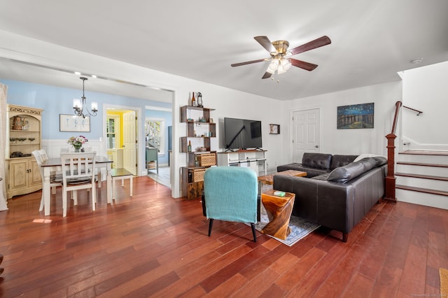 29 E Cliff St, Norwich, CT 06360 - living area with a chandelier, dark wood-type flooring, ceiling fan, and stairs
