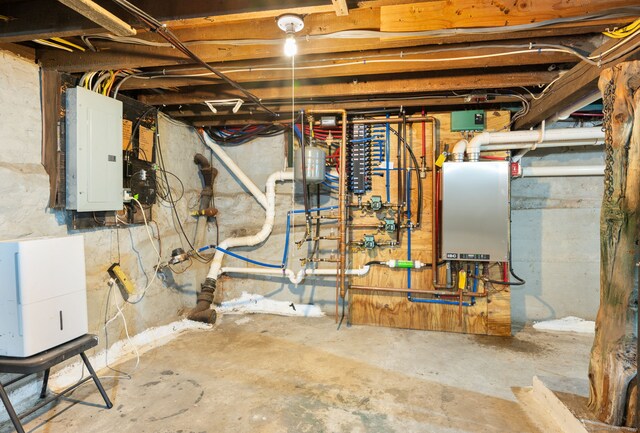 29 E Cliff St, Norwich, CT 06360 - unfinished below grade area featuring electric panel and tankless water heater