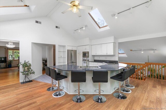 26 Jodi Dr, Wallingford, CT 06492 - kitchen featuring track lighting, stainless steel appliances, a skylight, high vaulted ceiling, and light wood-style flooring
