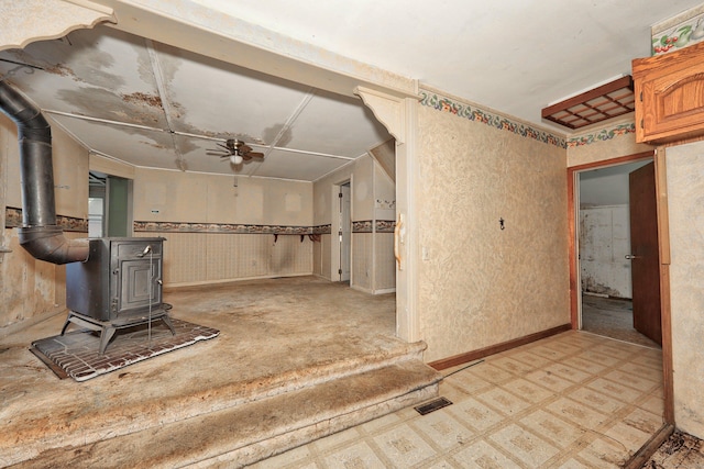 50 Hill Top Rd, Morris, CT 06763 - interior space with a wood stove and ceiling fan