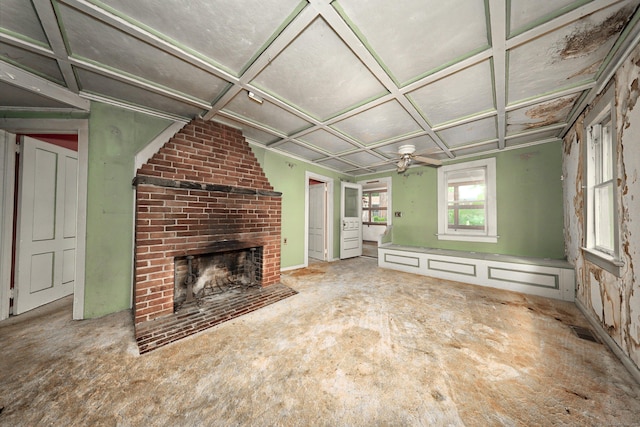 50 Hill Top Rd, Morris, CT 06763 - unfurnished living room with a fireplace and coffered ceiling