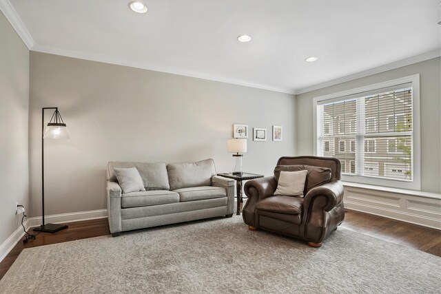 206 Copper Square Dr Unit 206, Bethel, CT 06801 - living area featuring ornamental molding, dark wood finished floors, recessed lighting, and baseboards