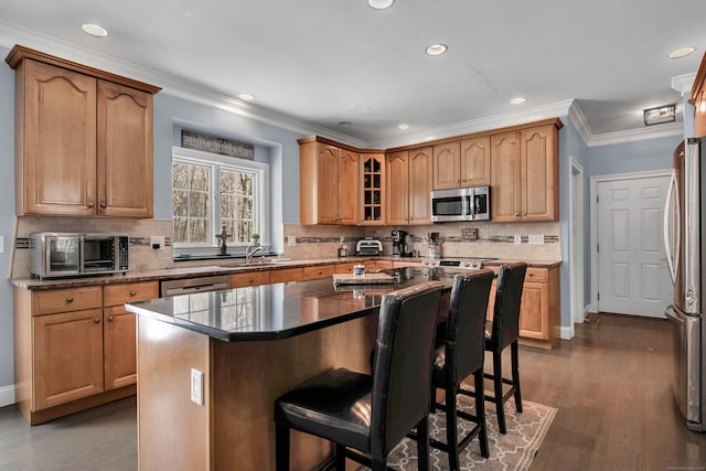 kitchen featuring appliances with stainless steel finishes, a sink, a kitchen breakfast bar, dark wood-style flooring, and backsplash