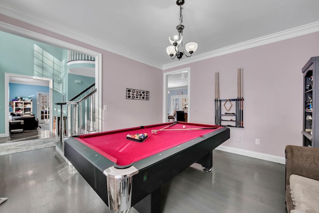 game room featuring wood finished floors, ornamental molding, billiards, and baseboards