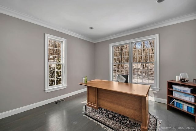 office space featuring baseboards, ornamental molding, and dark wood-style floors