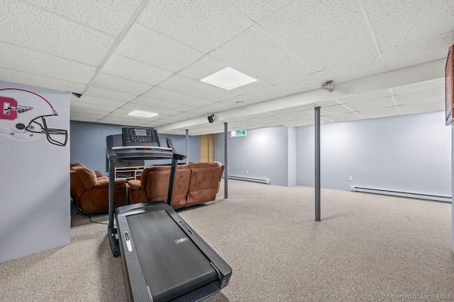 24 Secret Mountain Trl, Canton, CT 06019 - workout area featuring a baseboard heating unit, baseboard heating, carpet, and a drop ceiling