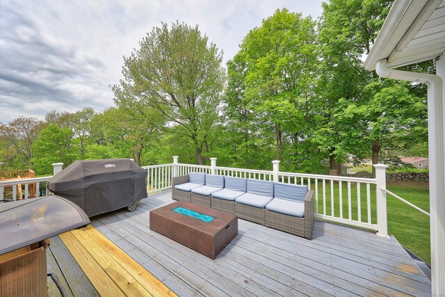 48 Sprucedale Dr, Waterbury, CT 06706 - wooden deck with an outdoor hangout area, a yard, grilling area, and view of scattered trees