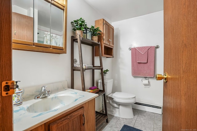 387 New London Tpke, Stonington, CT 06378 - full bath featuring a baseboard heating unit, toilet, vanity, tile patterned floors, and a shower with shower curtain