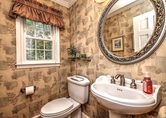 481 Clearbrook Rd, Orange, CT 06477 - half bathroom featuring toilet, a sink, and ornamental molding