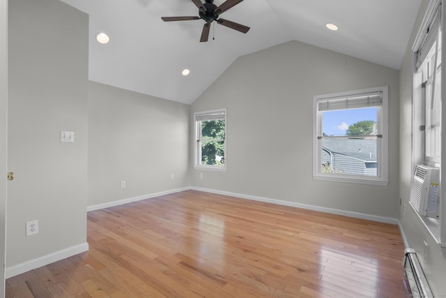 43 Atwater St, Milford, CT 06460 - empty room with baseboard heating, lofted ceiling, a ceiling fan, light wood-style flooring, and recessed lighting