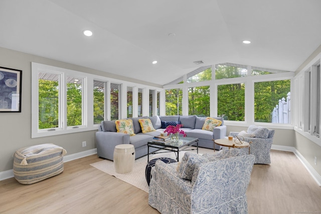 135 Gary Rd, Stamford, CT 06903 - living room featuring lofted ceiling, baseboards, wood finished floors, and recessed lighting